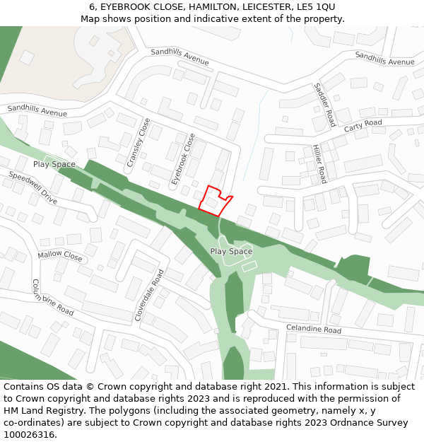 6, EYEBROOK CLOSE, HAMILTON, LEICESTER, LE5 1QU: Location map and indicative extent of plot