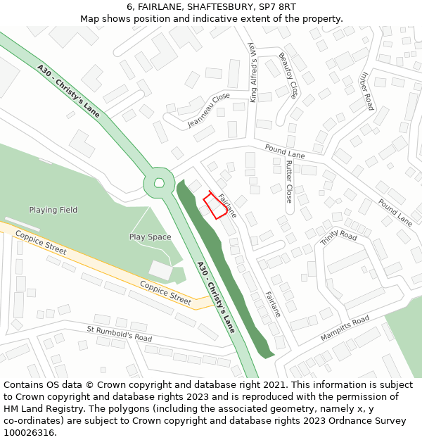 6, FAIRLANE, SHAFTESBURY, SP7 8RT: Location map and indicative extent of plot