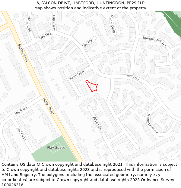 6, FALCON DRIVE, HARTFORD, HUNTINGDON, PE29 1LP: Location map and indicative extent of plot