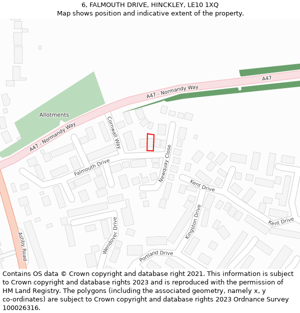 6, FALMOUTH DRIVE, HINCKLEY, LE10 1XQ: Location map and indicative extent of plot