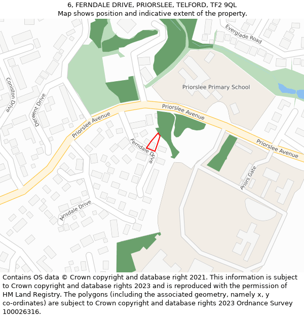 6, FERNDALE DRIVE, PRIORSLEE, TELFORD, TF2 9QL: Location map and indicative extent of plot
