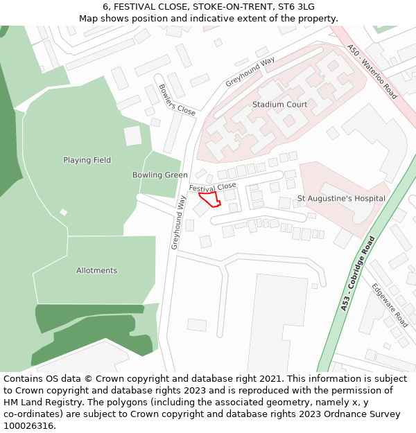 6, FESTIVAL CLOSE, STOKE-ON-TRENT, ST6 3LG: Location map and indicative extent of plot