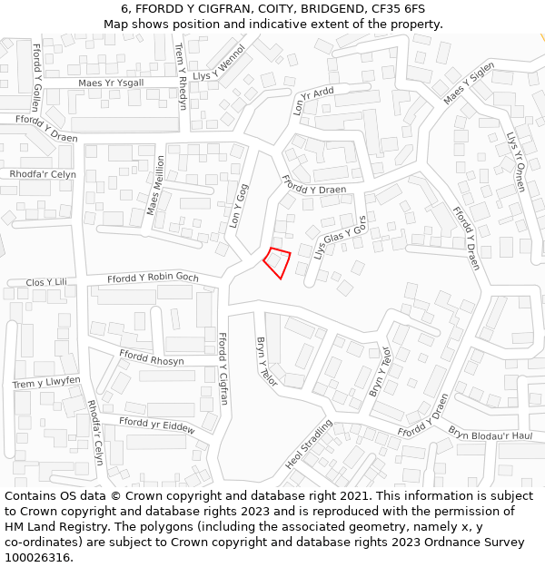 6, FFORDD Y CIGFRAN, COITY, BRIDGEND, CF35 6FS: Location map and indicative extent of plot
