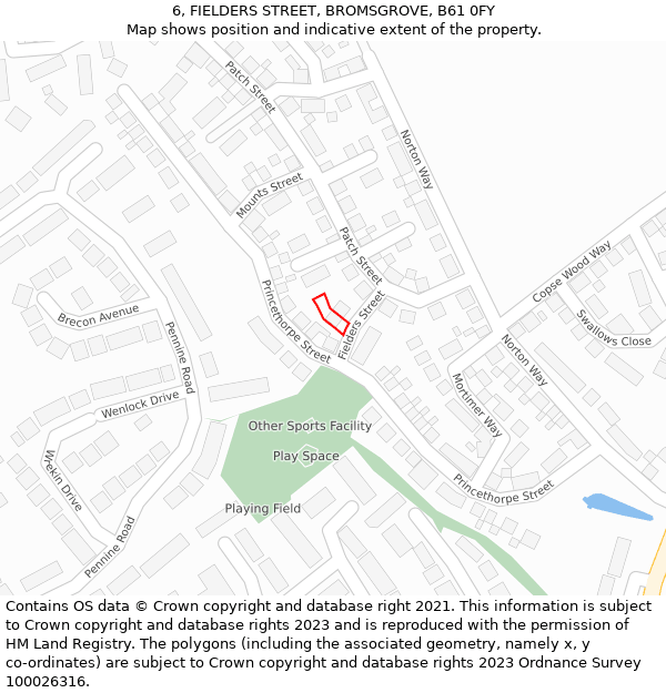 6, FIELDERS STREET, BROMSGROVE, B61 0FY: Location map and indicative extent of plot