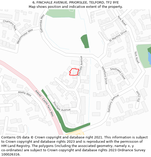 6, FINCHALE AVENUE, PRIORSLEE, TELFORD, TF2 9YE: Location map and indicative extent of plot
