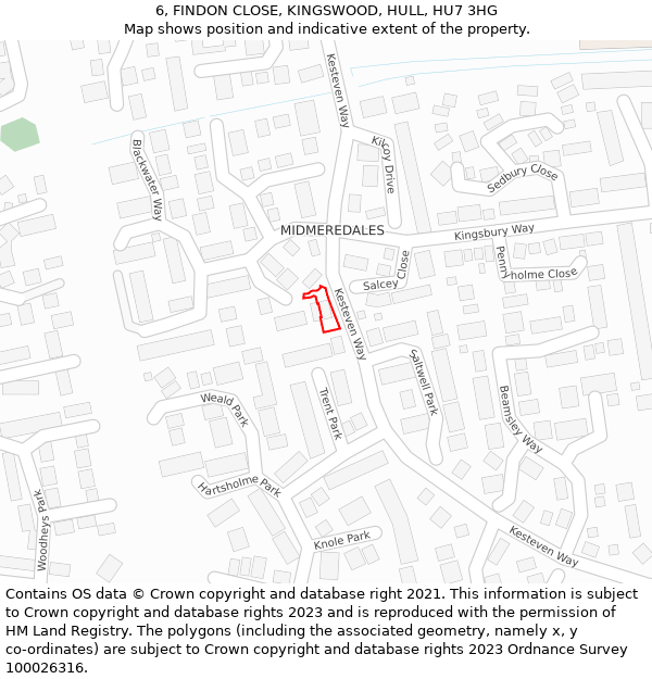 6, FINDON CLOSE, KINGSWOOD, HULL, HU7 3HG: Location map and indicative extent of plot