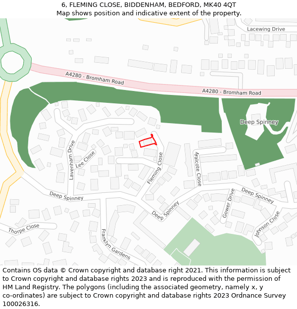 6, FLEMING CLOSE, BIDDENHAM, BEDFORD, MK40 4QT: Location map and indicative extent of plot