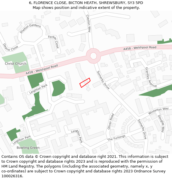 6, FLORENCE CLOSE, BICTON HEATH, SHREWSBURY, SY3 5PD: Location map and indicative extent of plot