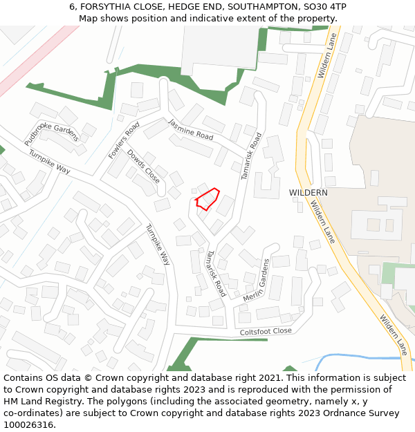 6, FORSYTHIA CLOSE, HEDGE END, SOUTHAMPTON, SO30 4TP: Location map and indicative extent of plot