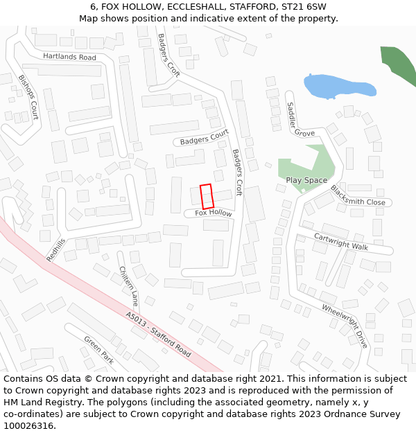 6, FOX HOLLOW, ECCLESHALL, STAFFORD, ST21 6SW: Location map and indicative extent of plot