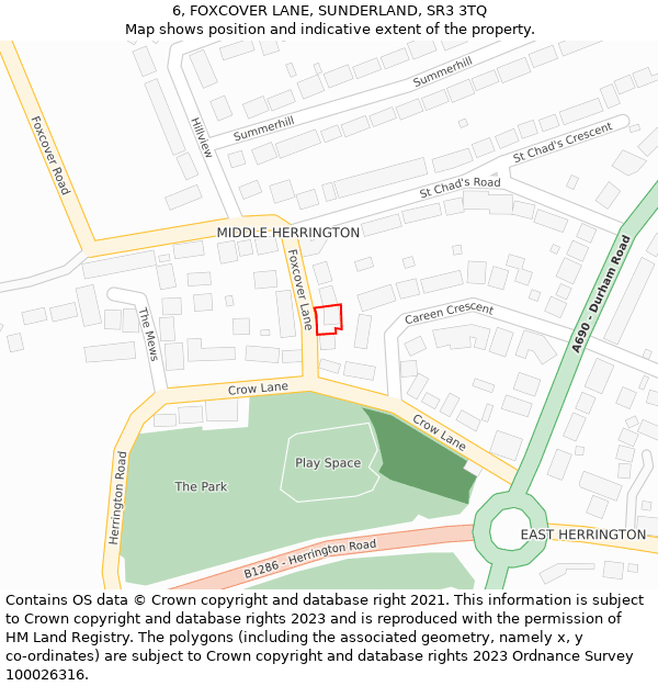 6, FOXCOVER LANE, SUNDERLAND, SR3 3TQ: Location map and indicative extent of plot