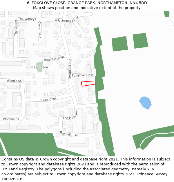 6, FOXGLOVE CLOSE, GRANGE PARK, NORTHAMPTON, NN4 5DD: Location map and indicative extent of plot
