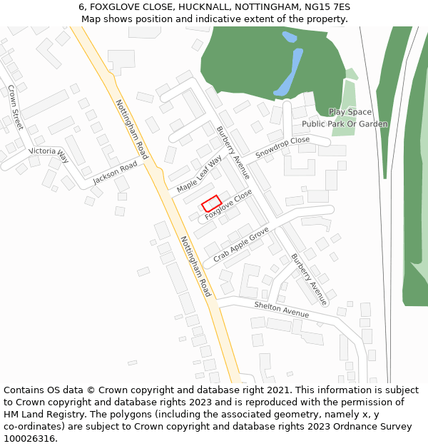 6, FOXGLOVE CLOSE, HUCKNALL, NOTTINGHAM, NG15 7ES: Location map and indicative extent of plot