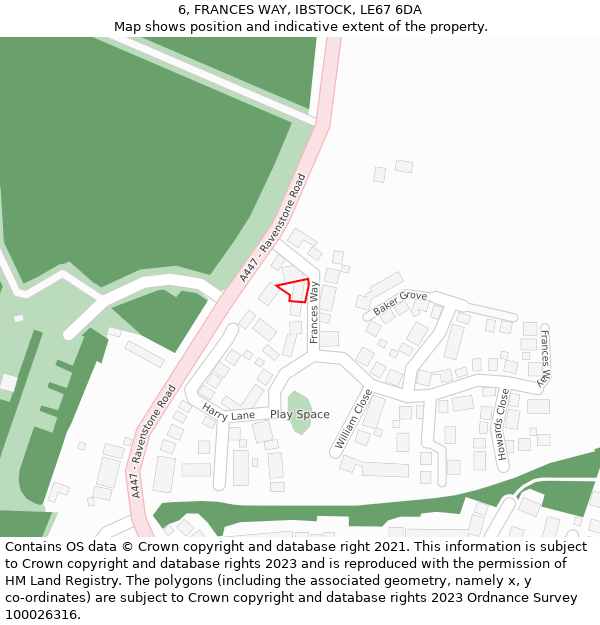 6, FRANCES WAY, IBSTOCK, LE67 6DA: Location map and indicative extent of plot
