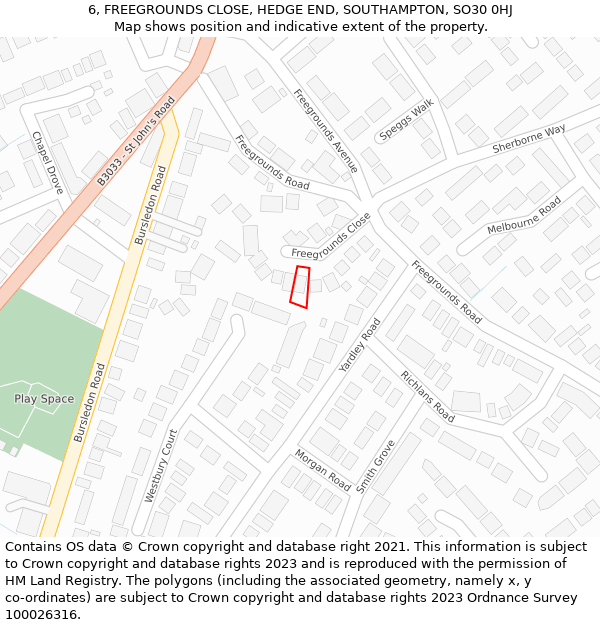 6, FREEGROUNDS CLOSE, HEDGE END, SOUTHAMPTON, SO30 0HJ: Location map and indicative extent of plot