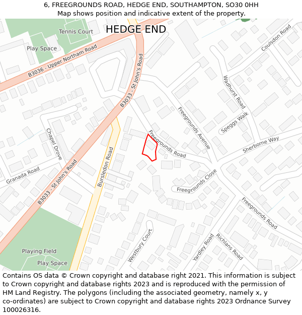 6, FREEGROUNDS ROAD, HEDGE END, SOUTHAMPTON, SO30 0HH: Location map and indicative extent of plot