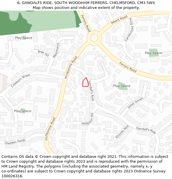 6, GANDALFS RIDE, SOUTH WOODHAM FERRERS, CHELMSFORD, CM3 5WX: Location map and indicative extent of plot