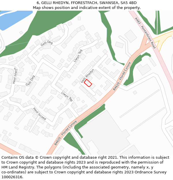 6, GELLI RHEDYN, FFORESTFACH, SWANSEA, SA5 4BD: Location map and indicative extent of plot