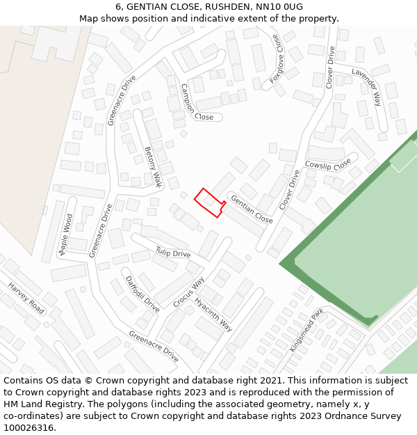 6, GENTIAN CLOSE, RUSHDEN, NN10 0UG: Location map and indicative extent of plot