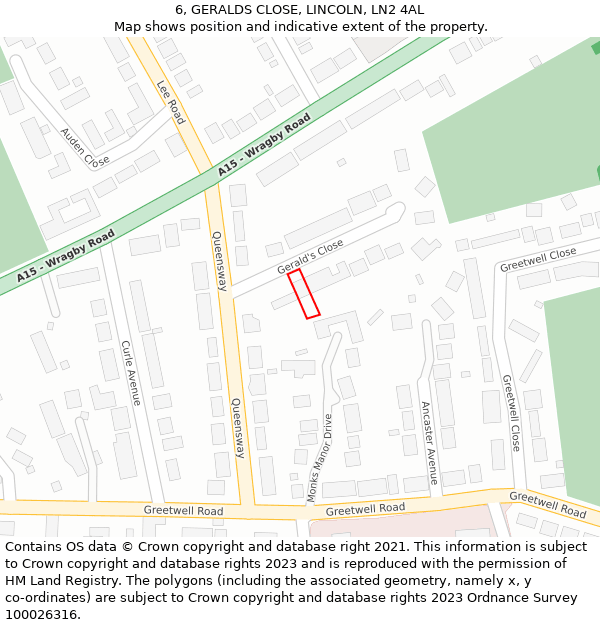 6, GERALDS CLOSE, LINCOLN, LN2 4AL: Location map and indicative extent of plot