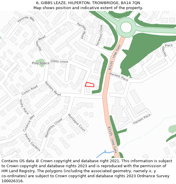 6, GIBBS LEAZE, HILPERTON, TROWBRIDGE, BA14 7QN: Location map and indicative extent of plot