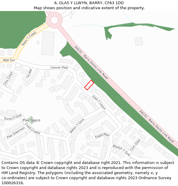 6, GLAS Y LLWYN, BARRY, CF63 1DD: Location map and indicative extent of plot