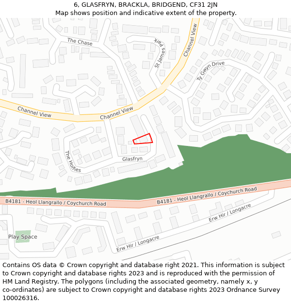 6, GLASFRYN, BRACKLA, BRIDGEND, CF31 2JN: Location map and indicative extent of plot