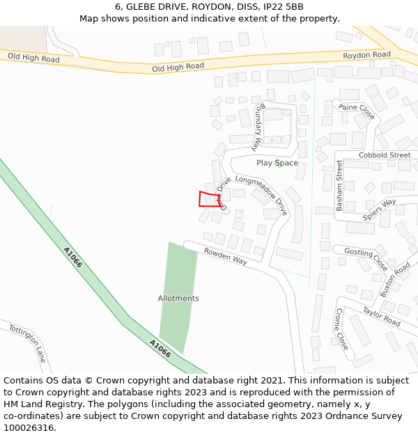 6, GLEBE DRIVE, ROYDON, DISS, IP22 5BB: Location map and indicative extent of plot