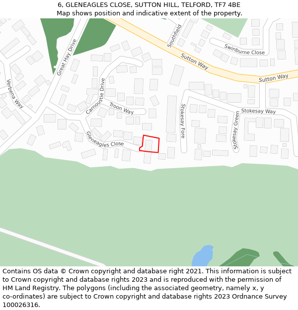 6, GLENEAGLES CLOSE, SUTTON HILL, TELFORD, TF7 4BE: Location map and indicative extent of plot