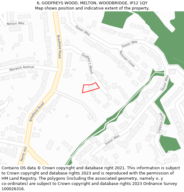 6, GODFREYS WOOD, MELTON, WOODBRIDGE, IP12 1QY: Location map and indicative extent of plot