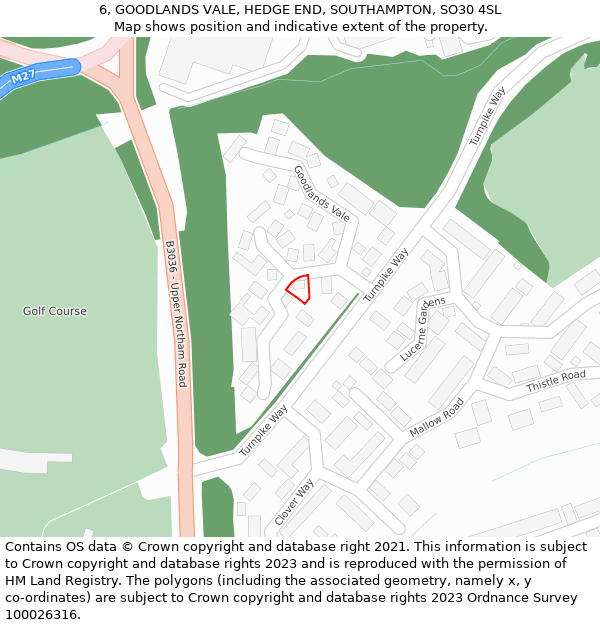 6, GOODLANDS VALE, HEDGE END, SOUTHAMPTON, SO30 4SL: Location map and indicative extent of plot