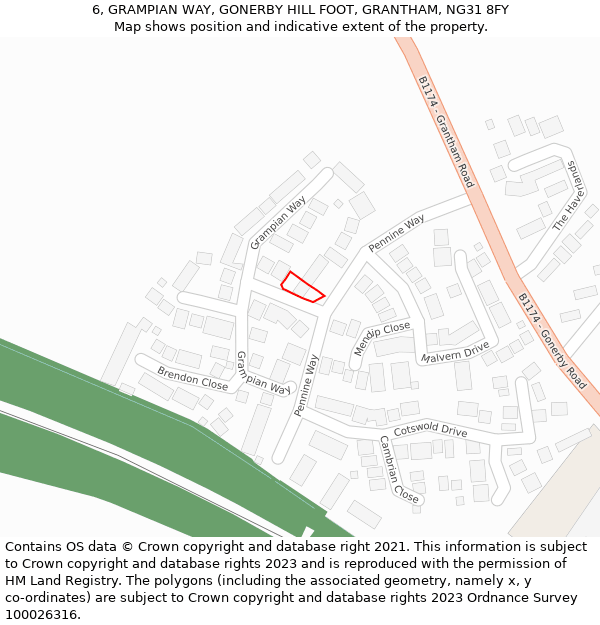 6, GRAMPIAN WAY, GONERBY HILL FOOT, GRANTHAM, NG31 8FY: Location map and indicative extent of plot