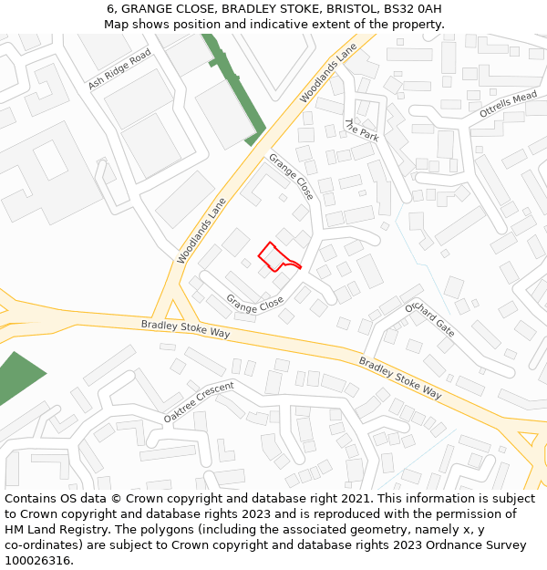 6, GRANGE CLOSE, BRADLEY STOKE, BRISTOL, BS32 0AH: Location map and indicative extent of plot