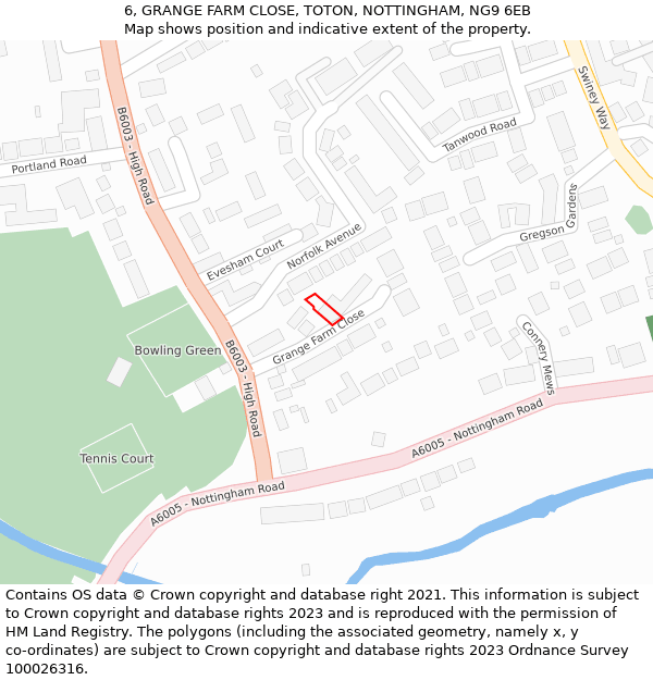 6, GRANGE FARM CLOSE, TOTON, NOTTINGHAM, NG9 6EB: Location map and indicative extent of plot