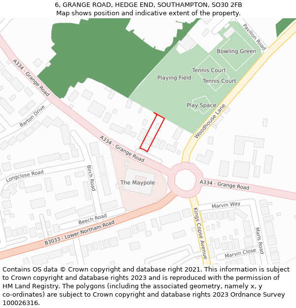 6, GRANGE ROAD, HEDGE END, SOUTHAMPTON, SO30 2FB: Location map and indicative extent of plot