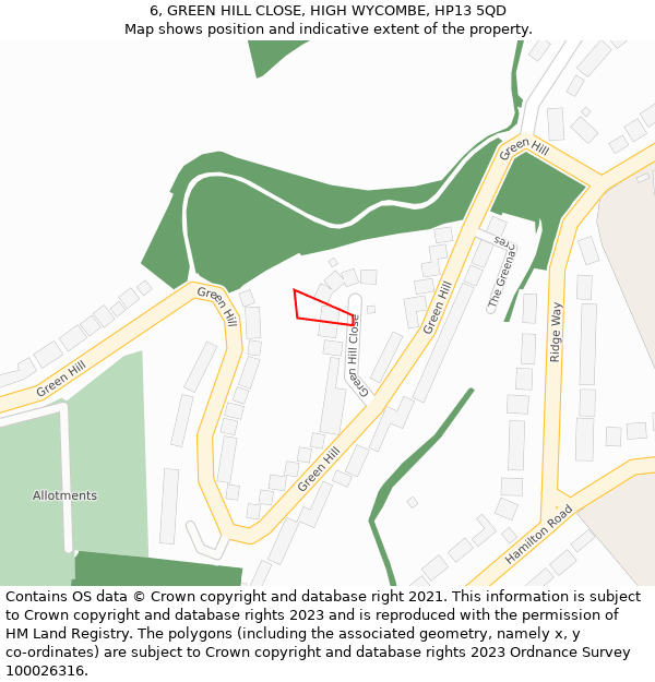 6, GREEN HILL CLOSE, HIGH WYCOMBE, HP13 5QD: Location map and indicative extent of plot