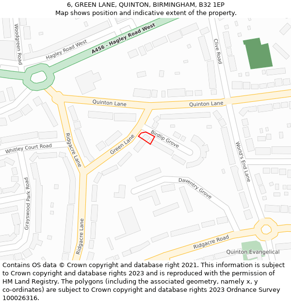 6, GREEN LANE, QUINTON, BIRMINGHAM, B32 1EP: Location map and indicative extent of plot