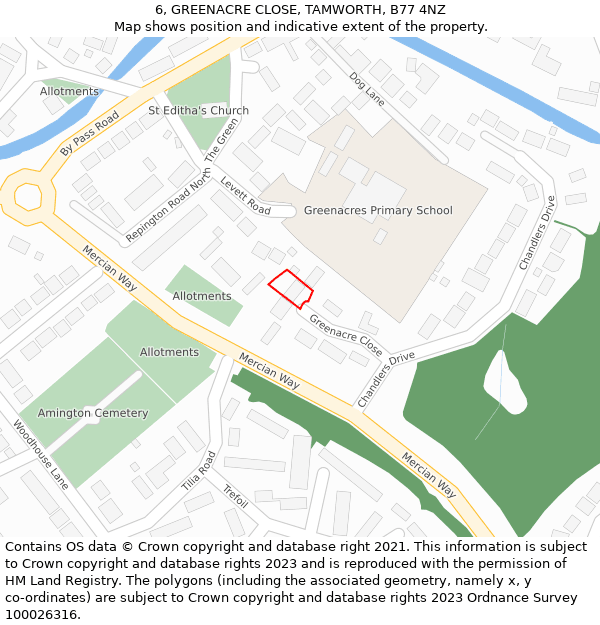 6, GREENACRE CLOSE, TAMWORTH, B77 4NZ: Location map and indicative extent of plot