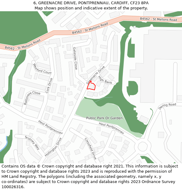 6, GREENACRE DRIVE, PONTPRENNAU, CARDIFF, CF23 8PA: Location map and indicative extent of plot