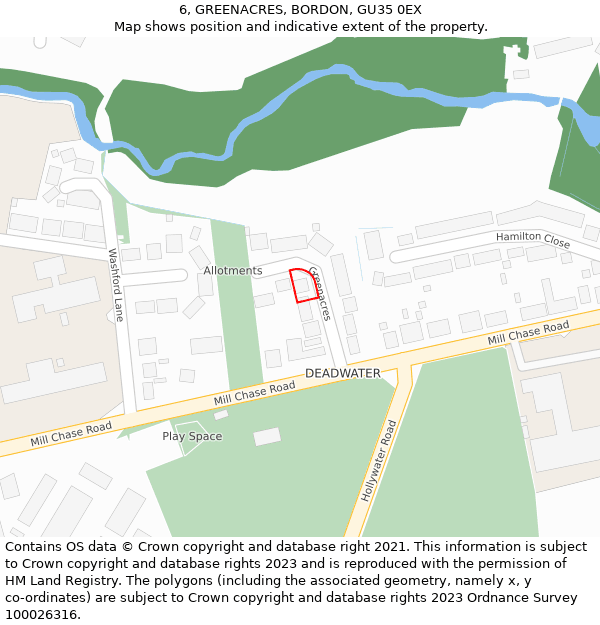 6, GREENACRES, BORDON, GU35 0EX: Location map and indicative extent of plot