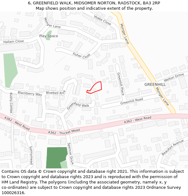 6, GREENFIELD WALK, MIDSOMER NORTON, RADSTOCK, BA3 2RP: Location map and indicative extent of plot