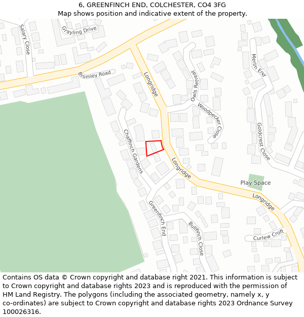 6, GREENFINCH END, COLCHESTER, CO4 3FG: Location map and indicative extent of plot
