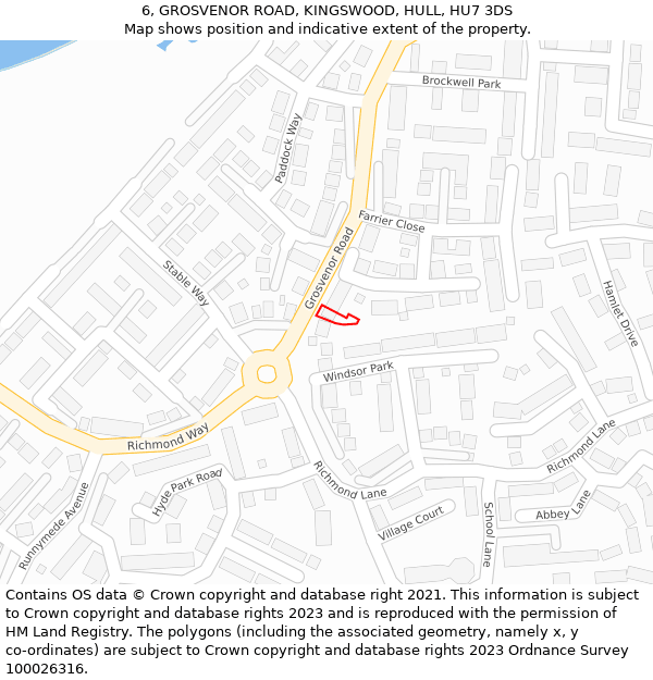 6, GROSVENOR ROAD, KINGSWOOD, HULL, HU7 3DS: Location map and indicative extent of plot