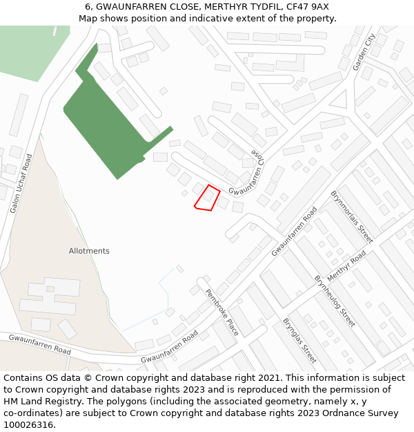 6, GWAUNFARREN CLOSE, MERTHYR TYDFIL, CF47 9AX: Location map and indicative extent of plot