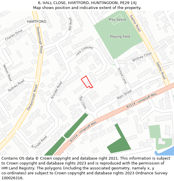 6, HALL CLOSE, HARTFORD, HUNTINGDON, PE29 1XJ: Location map and indicative extent of plot