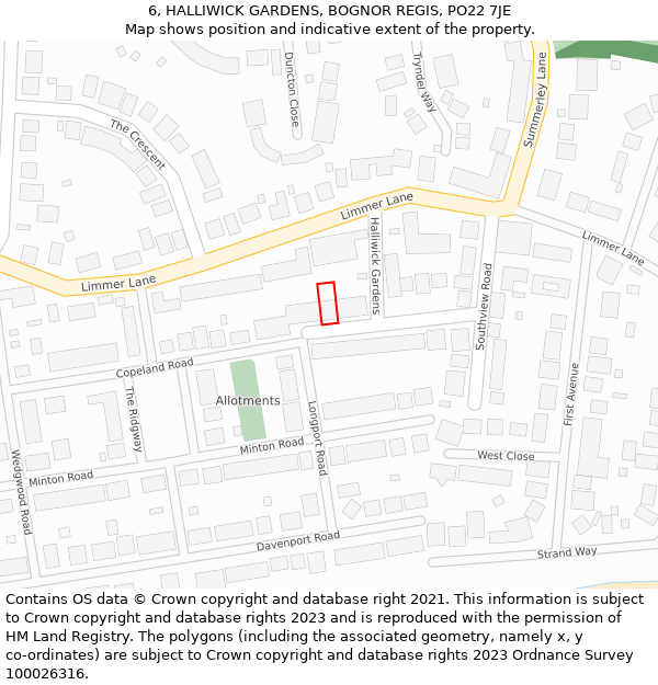 6, HALLIWICK GARDENS, BOGNOR REGIS, PO22 7JE: Location map and indicative extent of plot