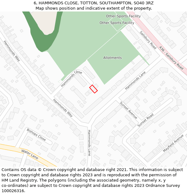 6, HAMMONDS CLOSE, TOTTON, SOUTHAMPTON, SO40 3RZ: Location map and indicative extent of plot