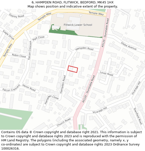 6, HAMPDEN ROAD, FLITWICK, BEDFORD, MK45 1HX: Location map and indicative extent of plot