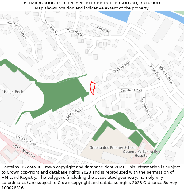 6, HARBOROUGH GREEN, APPERLEY BRIDGE, BRADFORD, BD10 0UD: Location map and indicative extent of plot