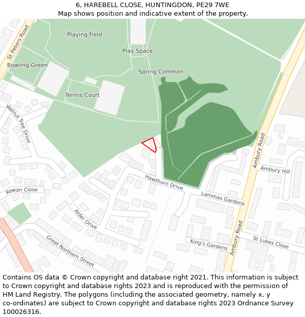 6, HAREBELL CLOSE, HUNTINGDON, PE29 7WE: Location map and indicative extent of plot